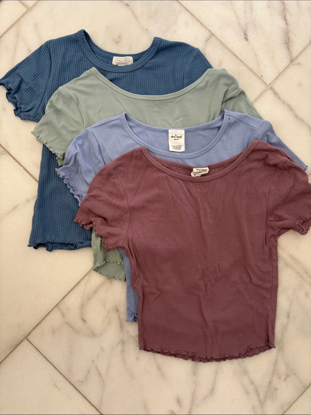 Full Tilt+Destined Ribbed Lettuce-Edge Crop Top -Mauve, Periwinkle, Sage & Denim